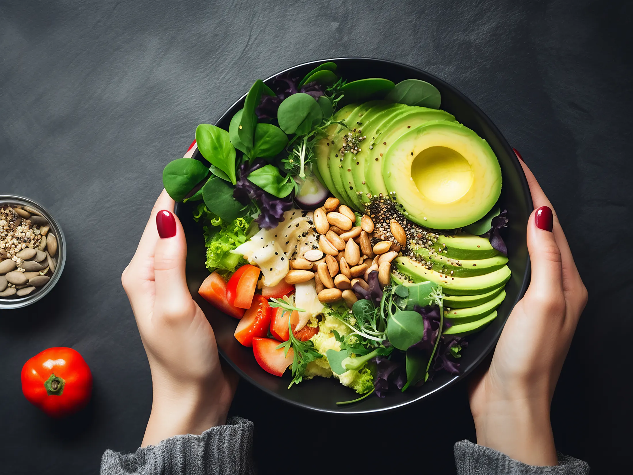 A colourful balanced table with vegetables and wholesome foods